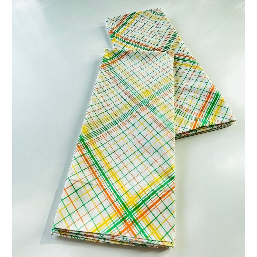 Vintage 1970s pillowcases set, bright yellow green geometric plaid, pair